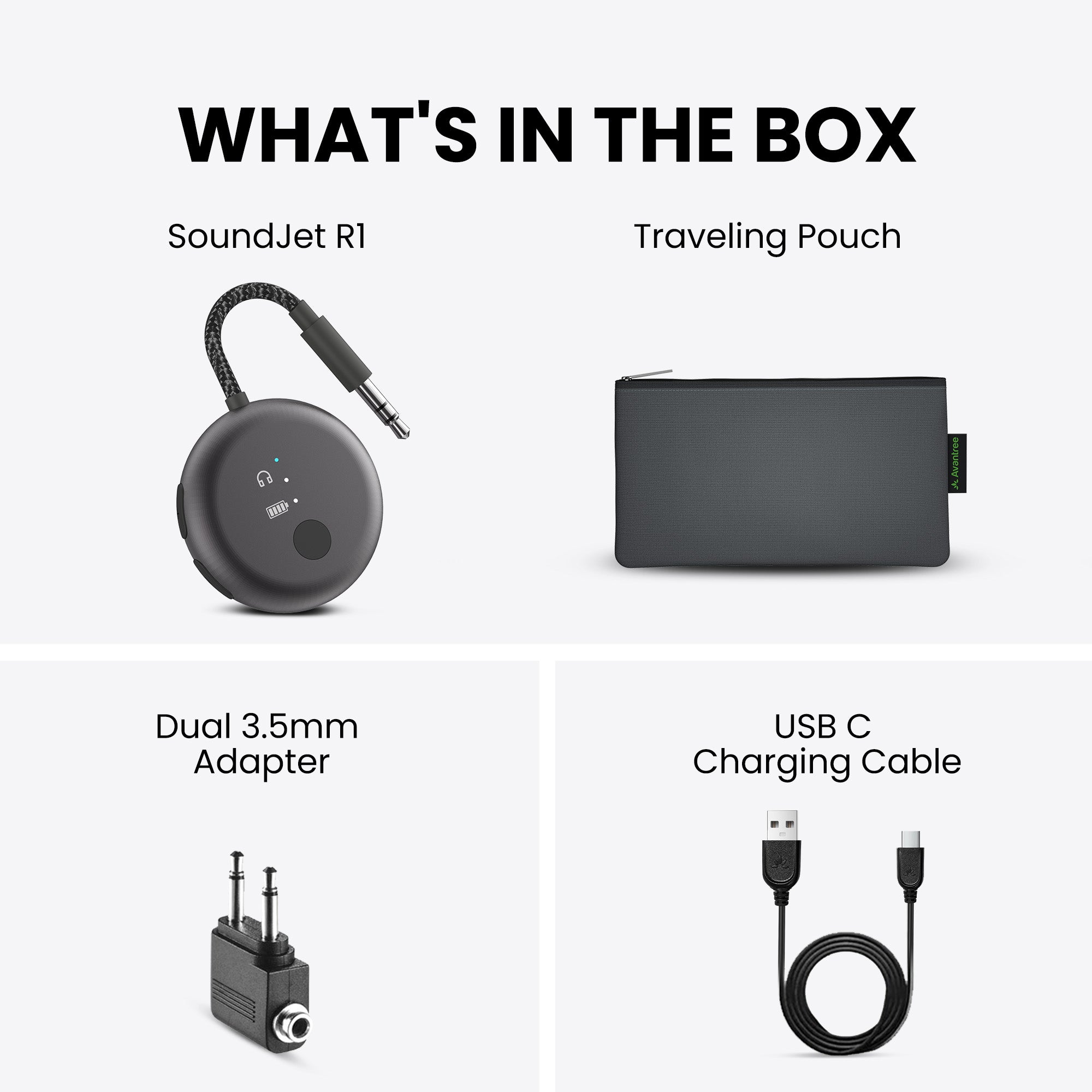 SoundJet R1 Airplane Bluetooth Adapter for Headphones and AirPods, include 1 realy transtmiter, Dual 3.5mm adapter, USB-C cable, traveling pouch