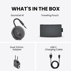 SoundJet R1 Airplane Bluetooth Adapter for Headphones and AirPods, include 1 realy transtmiter, Dual 3.5mm adapter, USB-C cable, traveling pouch