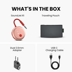SoundJet R1 Airplane Bluetooth Adapter for Headphones and AirPods, include 1 realy transtmiter, Dual 3.5mm adapter, USB-C cable, traveling pouch
