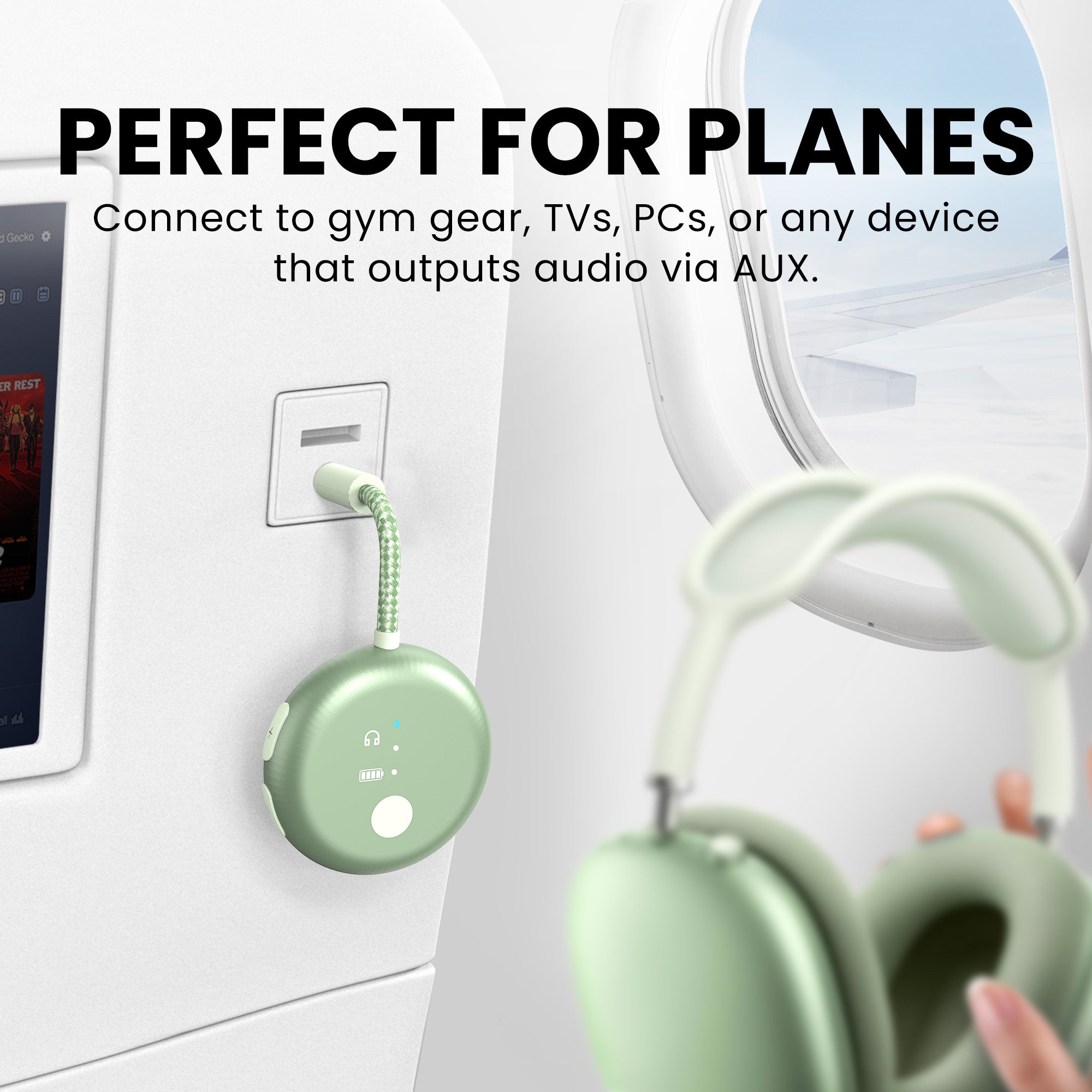 SoundJet R1 Airplane Bluetooth Adapter for Headphones and AirPods, connects to gym equipment, TVs, PCs, and any device with AUX audio output.