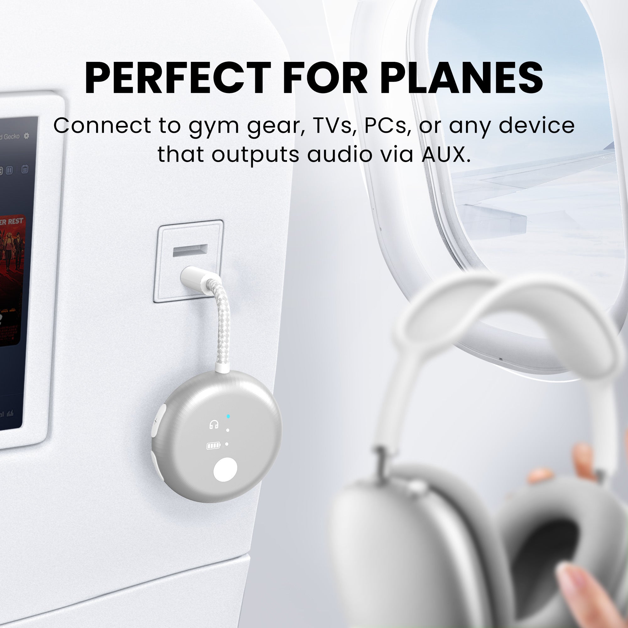 SoundJet R1 Airplane Bluetooth Adapter for Headphones and AirPods, connects to gym equipment, TVs, PCs, and any device with AUX audio output.