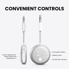 SoundJet R1 Airplane Bluetooth Adapter for Headphones and AirPods, convenient controls with independent volume, LED indicators, and on/off/pairing buttons.