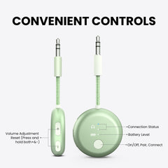 SoundJet R1 Airplane Bluetooth Adapter for Headphones and AirPods, convenient controls with independent volume, LED indicators, and on/off/pairing buttons.
