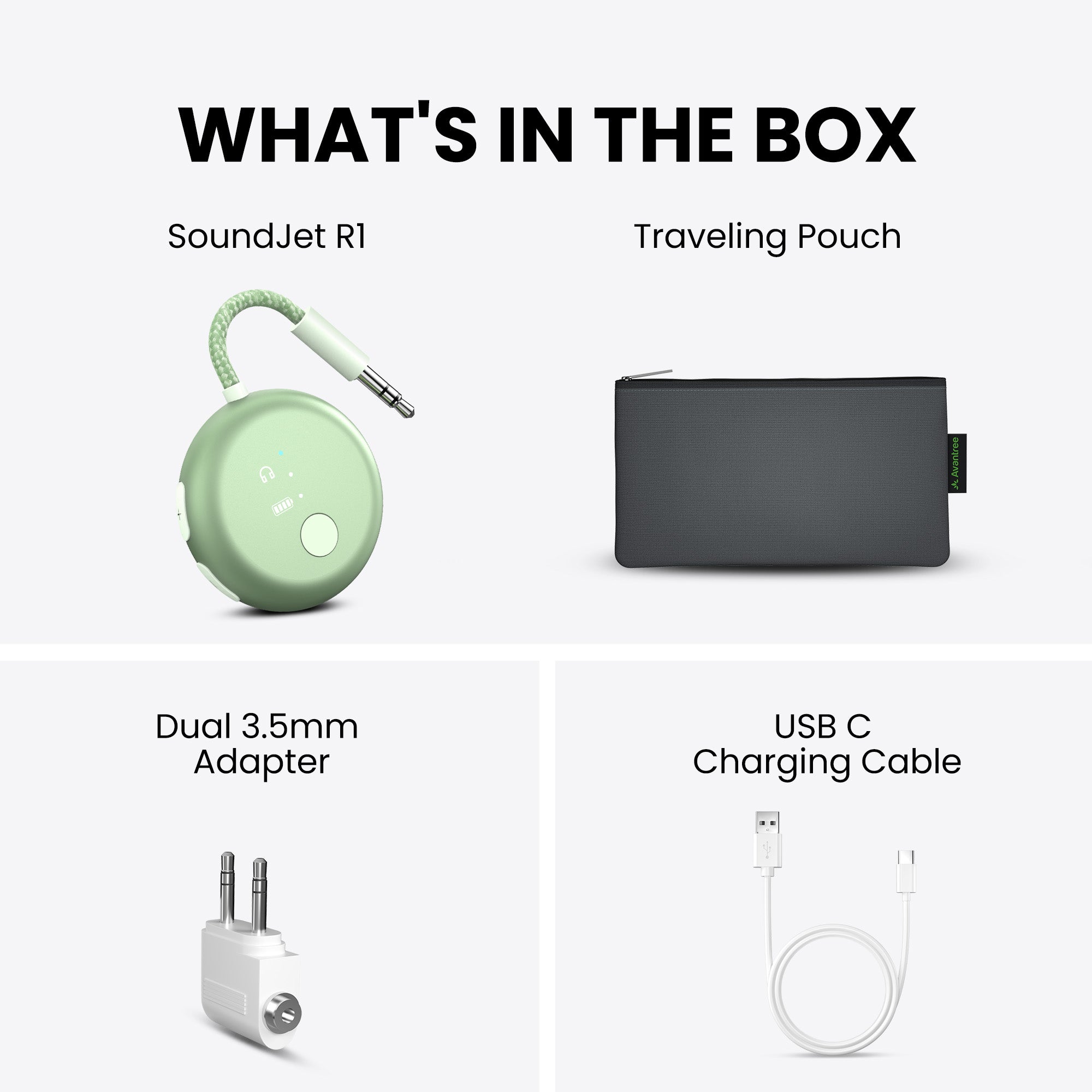 SoundJet R1 Airplane Bluetooth Adapter for Headphones and AirPods, include 1 realy transtmiter, Dual 3.5mm adapter, USB-C cable, traveling pouch