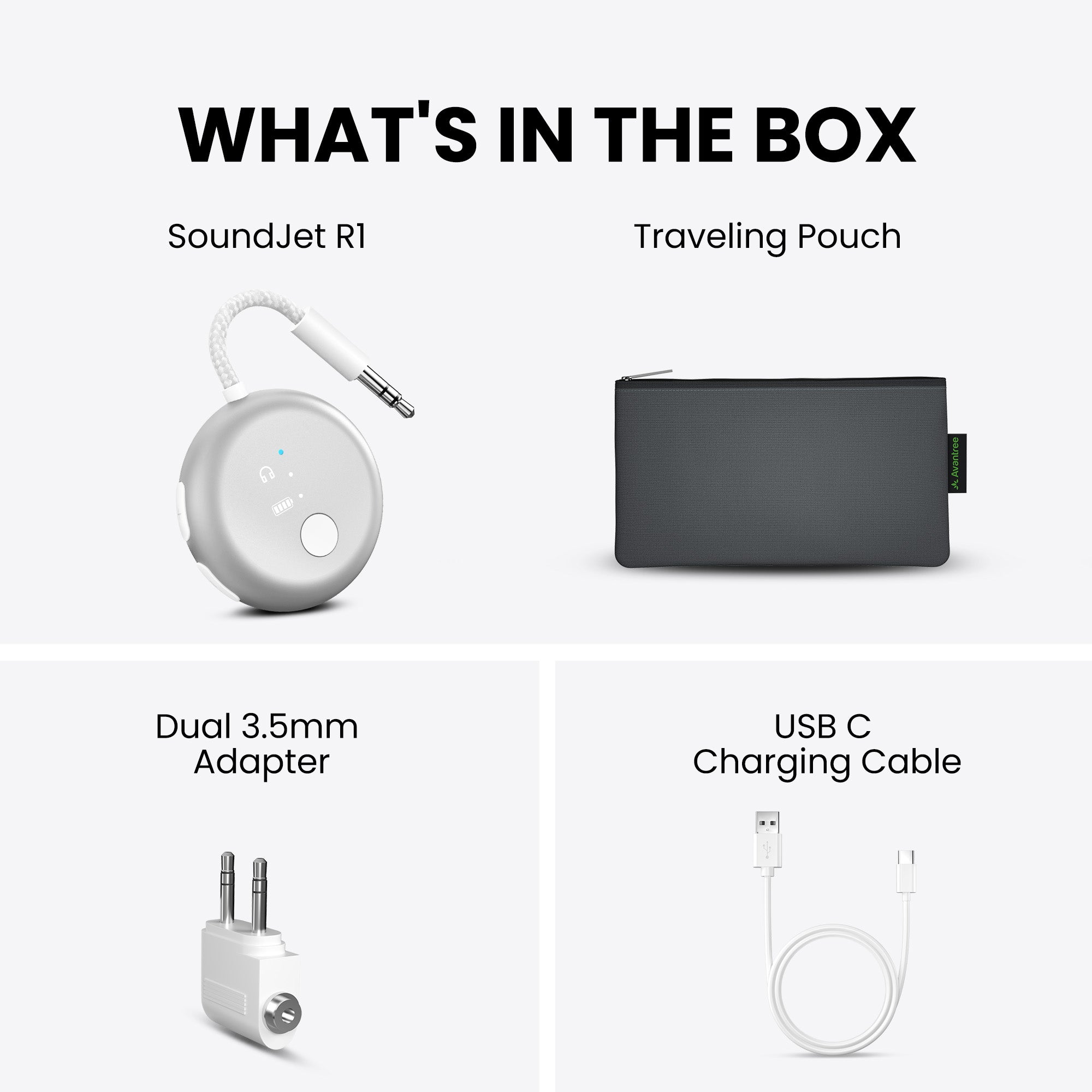 SoundJet R1 Airplane Bluetooth Adapter for Headphones and AirPods, include 1 realy transtmiter, Dual 3.5mm adapter, USB-C cable, traveling pouch