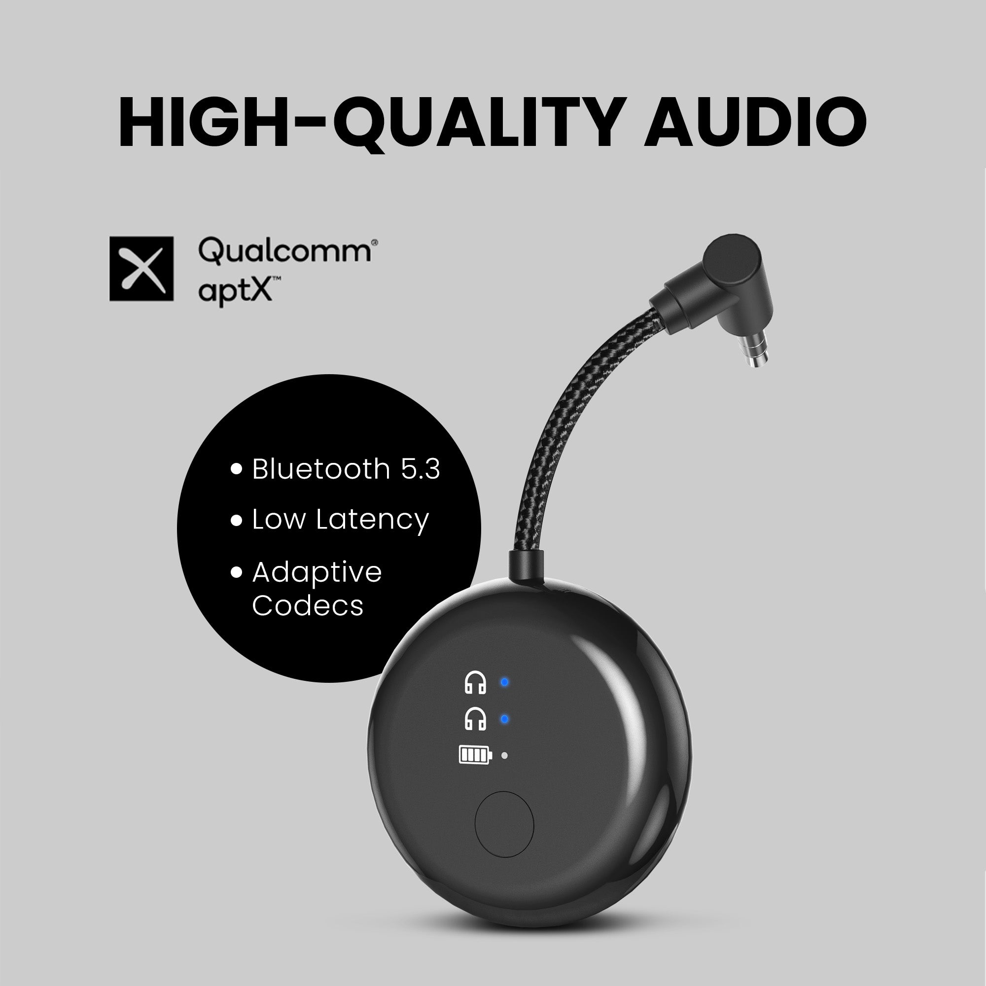 SoundJet R1 Airplane Bluetooth Adapter for Headphones and AirPods, Qualcomm aptX Adaptive and aptX HD , Bluetooth 5.3, high-quality audio