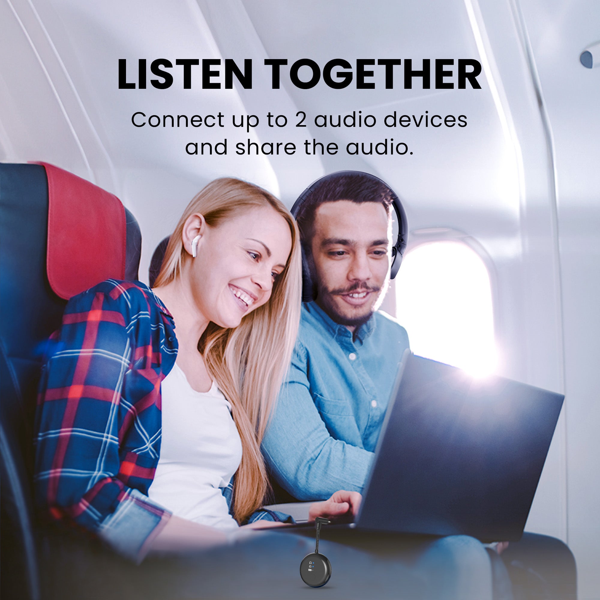 SoundJet R1 Airplane Bluetooth Adapter for Headphones and AirPods, connects two headphones or AirPods for shared audio listening.