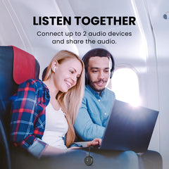SoundJet R1 Airplane Bluetooth Adapter for Headphones and AirPods, connects two headphones or AirPods for shared audio listening.