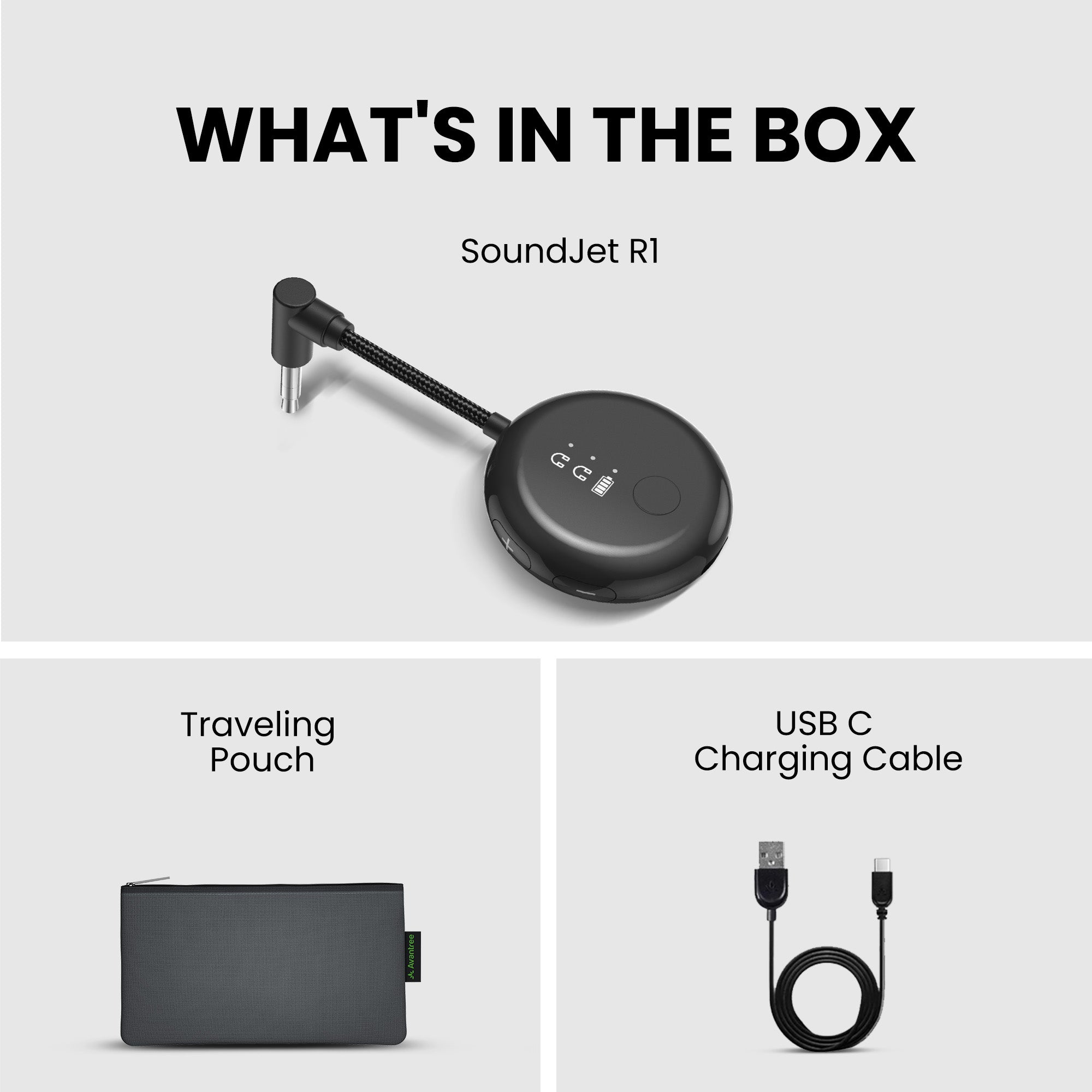 SoundJet R1 Airplane Bluetooth Adapter for Headphones and AirPods, include 1 realy transtmiter, Dual 3.5mm adapter, USB-C cable, traveling pouch