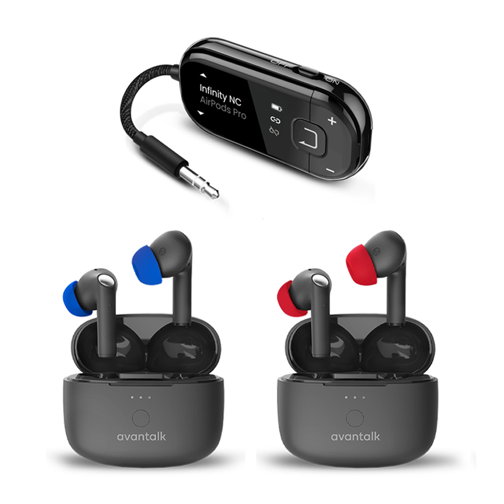 Voyager Infinity DUO Auracast Bluetooth Adapter & ANC Earbuds Kit, works with airplanes, TVs, gym equipment, and 3.5mm audio devices.