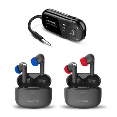 Voyager Infinity DUO Auracast Bluetooth Adapter & ANC Earbuds Kit, works with airplanes, TVs, gym equipment, and 3.5mm audio devices.