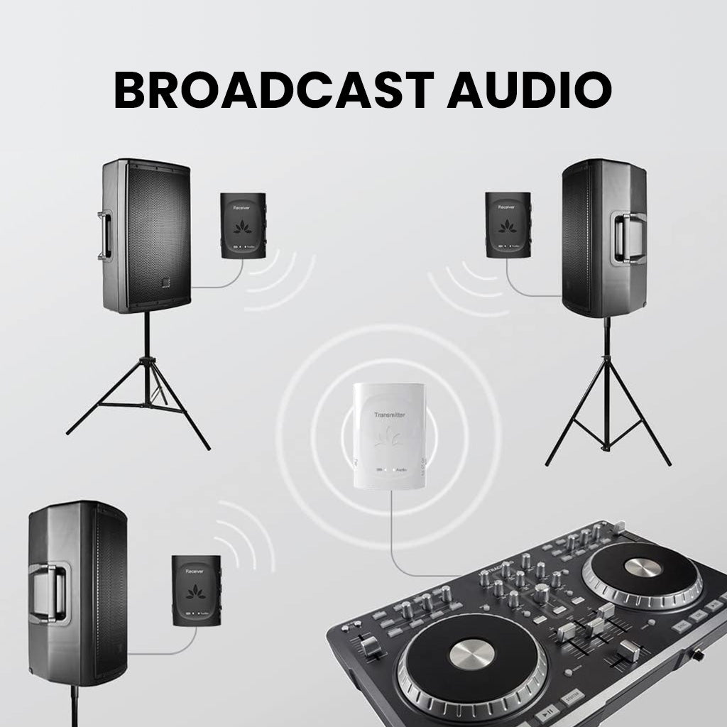 Audiplex 2403s Wireless Transmitter Receiver System, broadcasts audio from one transmitter to multiple Audiplex receivers for shared listening.

