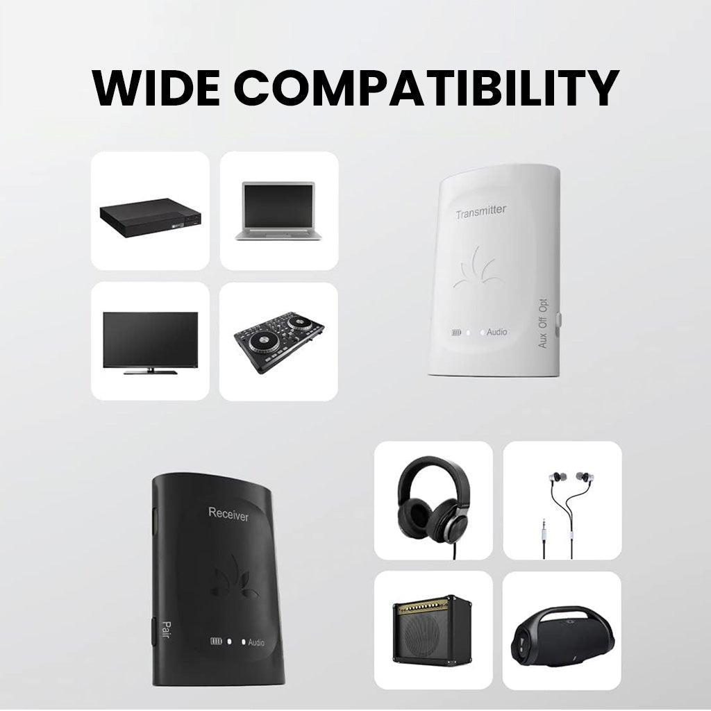 Audiplex 2403S Wireless Transmitter Receiver System, supports AUX and optical input from TVs, projectors, stereo and receivers