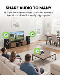 AuraLink Bluetooth Auracast Receiver for homes, churches, and venues, broadcasts synchronized audio across multiple rooms for shared listening.