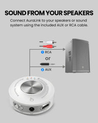 AuraLink Bluetooth Auracast Receiver for homes, churches, and venues, adds wireless audio to speakers via 3.5mm AUX or RCA with Auracast one-to-many and Bluetooth single streaming.