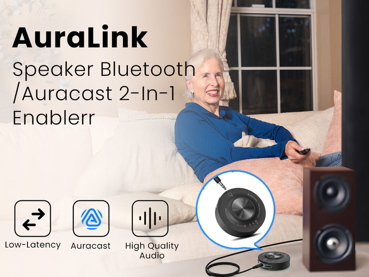 AuraLink Speaker Bluetooth/Auracast 2-in-1 enabler, supports Auracast, low latency, and high-quality audio.