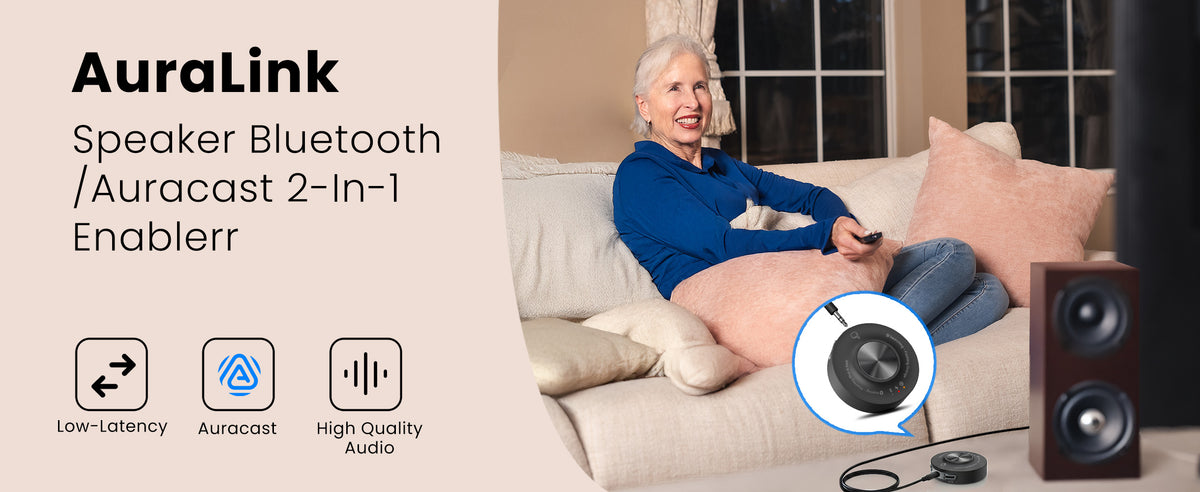 AuraLink Speaker Bluetooth/Auracast 2-in-1 enabler, supports Auracast, low latency, and high-quality audio.