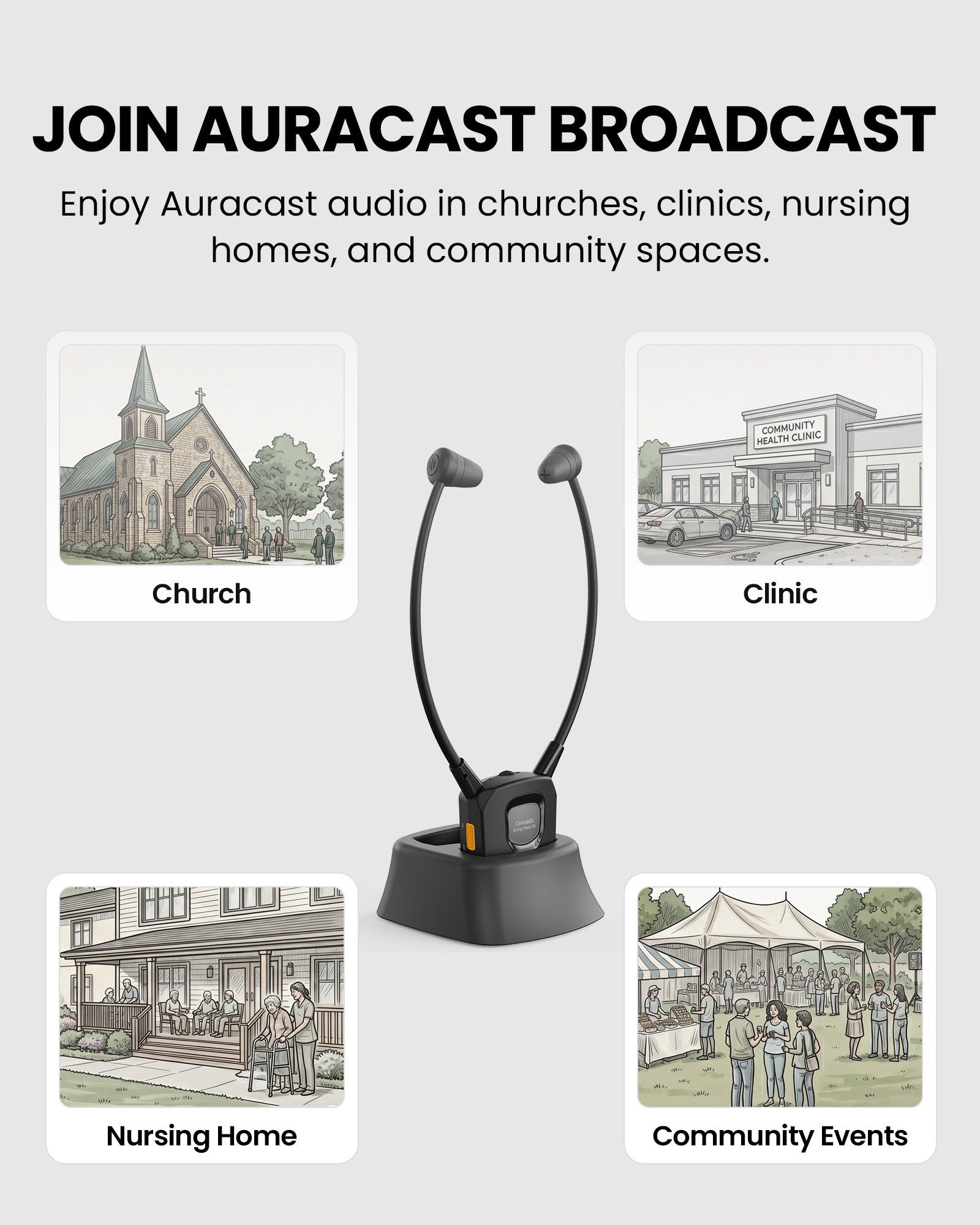 391 Auracast Personal Receiver for Seniors for churches, senior centers, clinics, and community events.
