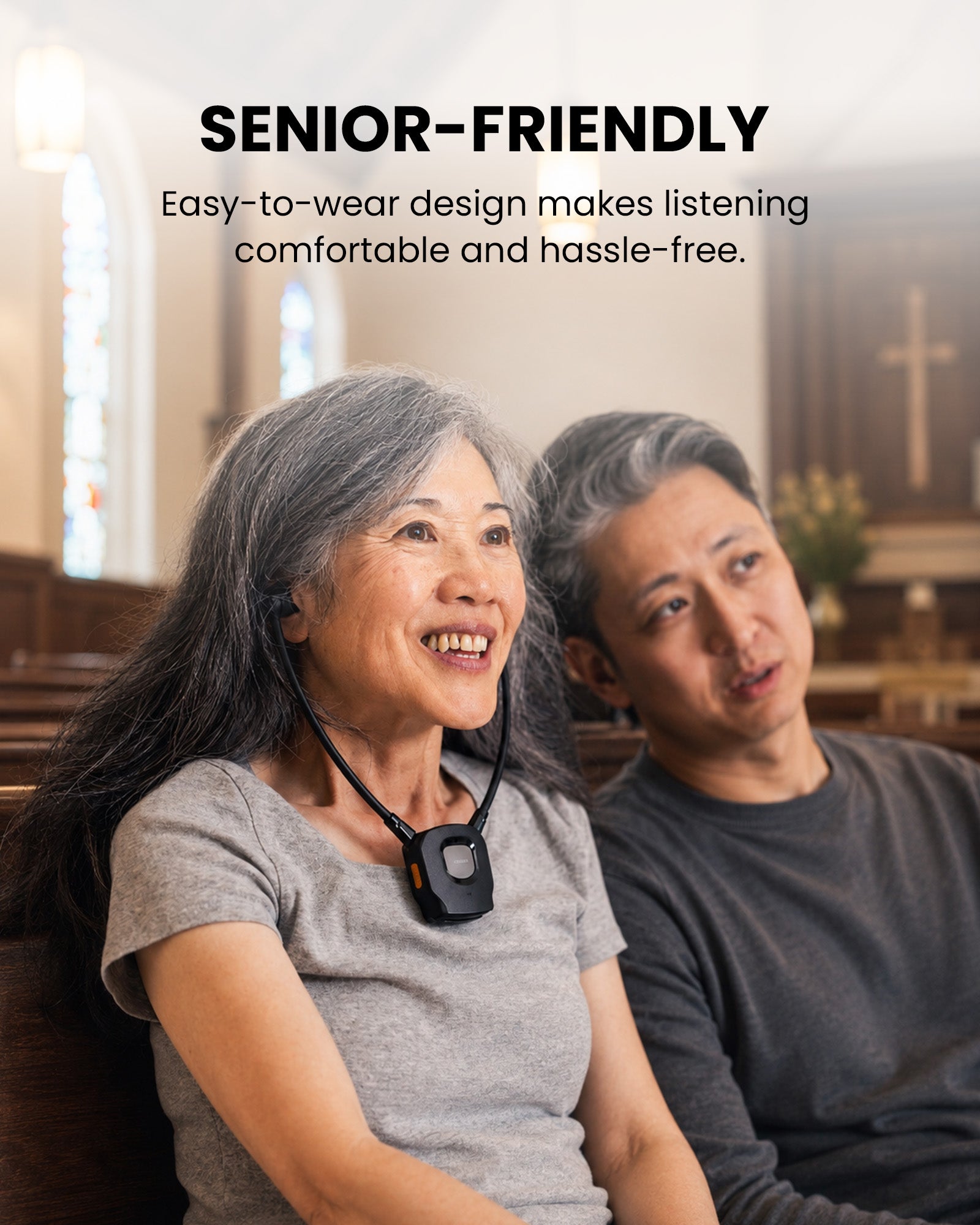 391 Auracast Personal Receiver for Seniors, ideal for churches, museums, and venues, with senior-friendly earbuds for comfortable, hassle-free listening.
