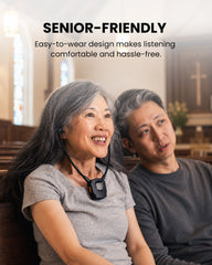 391 Auracast Personal Receiver for Seniors, ideal for churches, museums, and venues, with senior-friendly earbuds for comfortable, hassle-free listening.