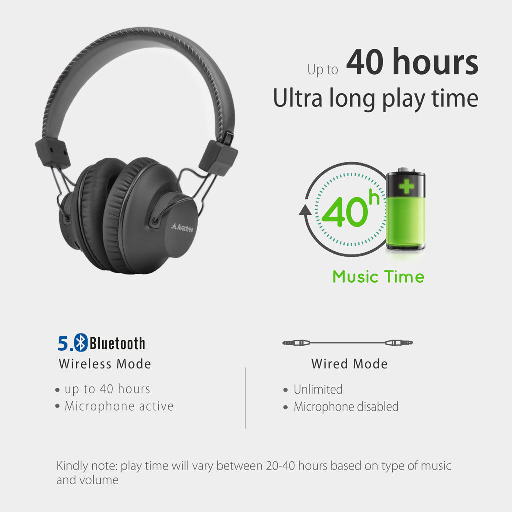 Audition Bluetooth Over-Ear Headphones with Built-in Mic, 40-hour Bluetooth battery, unlimited wired use; microphone disabled in wired mode.