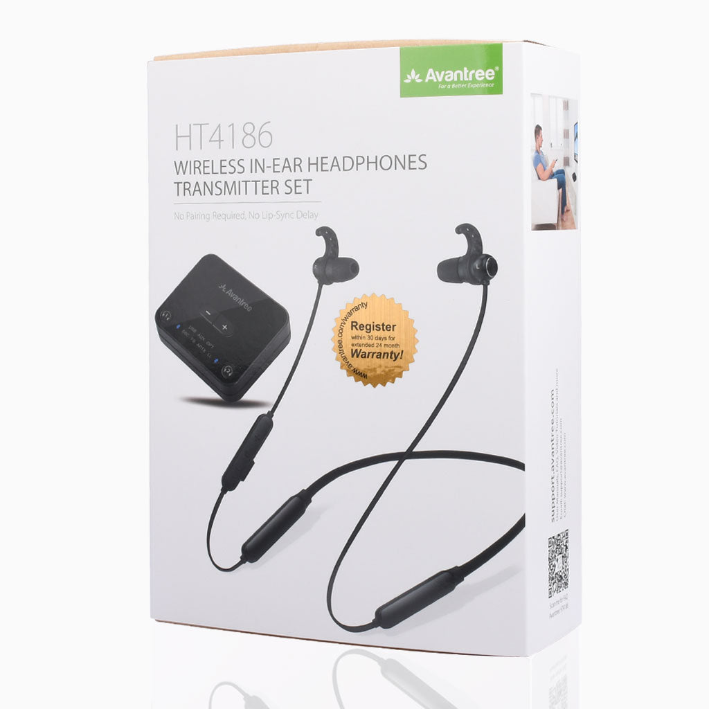 HT4186 Wireless Earbuds for TV Watching, includes one earbuds, one transmitter, and setup cables and accessories.