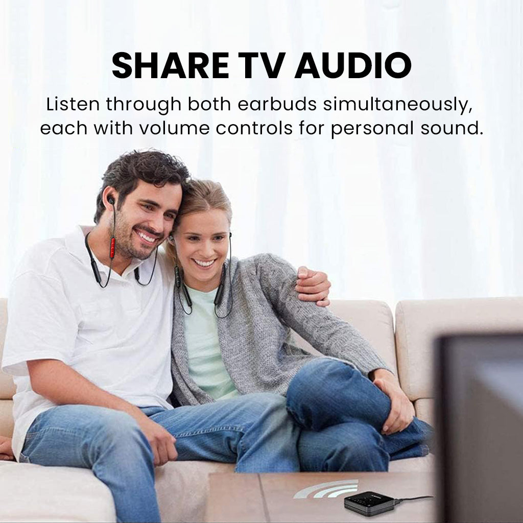 HT4186-Q Wireless Earbuds for TV Watching, supports two earbuds simultaneously with independent volume control.