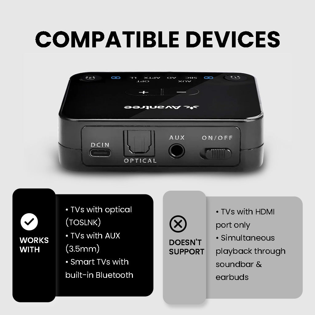 Wireless Earbuds for TV Watching, supports TVs with optical, and 3.5mm AUX. No pass-through, no HDMI