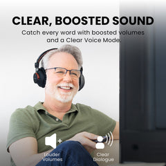 HT41899 Plus Wireless Dual Headphones for TV watching, with boosted volume and Clear Voice Mode for clearer on-screen dialogue.
