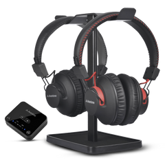 HT41899 Plus Wireless Dual Headphones for TV watching, with clear sound, stable connection, and synced audio. supports optical and, 3.5 mm AUX.