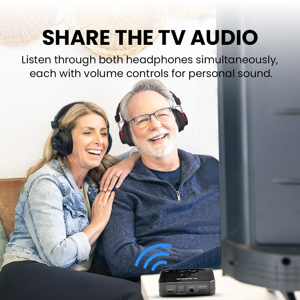 HT41899 Plus 2 Dual TV Headphones with wireless charging docks for seniors, use two headphones simultaneously with independent volume control.