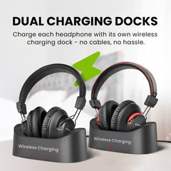 HT41899 Plus 2 Dual TV Headphones with wireless charging docks for seniors. No cables needed, up to 50 hours of playtime