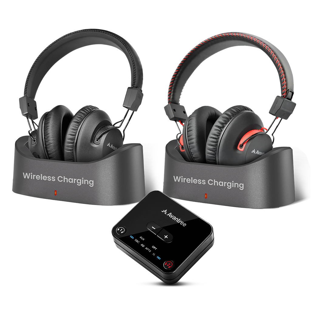 HT41899 Plus 2 Dual TV Headphones with wireless charging docks for seniors, Clear Voice audio in perfect sync with screen, no lip sync delay.
 