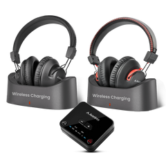 HT41899 Plus 2 Dual TV Headphones with wireless charging docks for seniors, Clear Voice audio in perfect sync with screen, no lip sync delay.
 