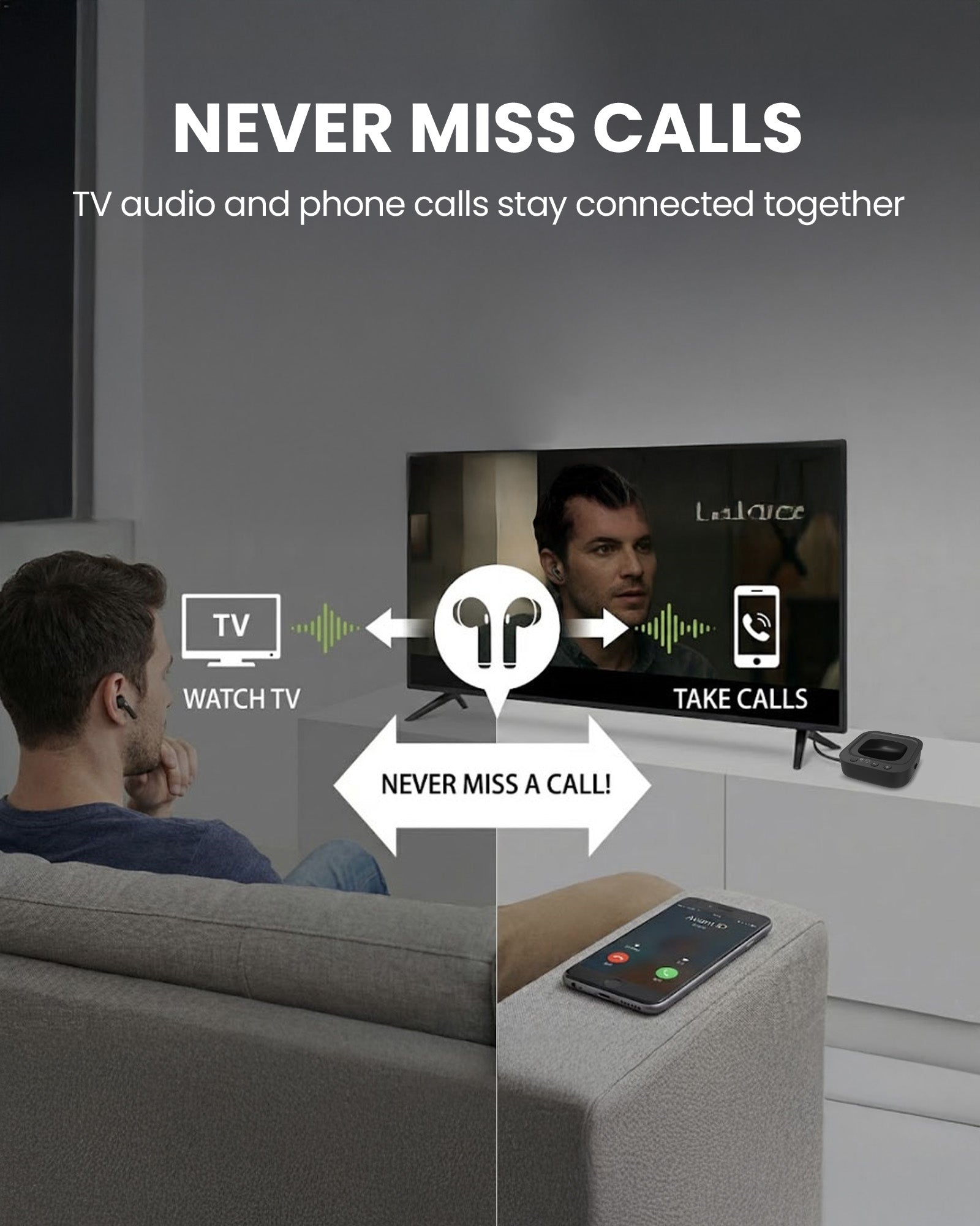 Aura Focus  Auracast TV Earbuds with Dual-Mode and 2-in-1 Charging Dock. Featuring automatic call switching between phone and TV audio. 
