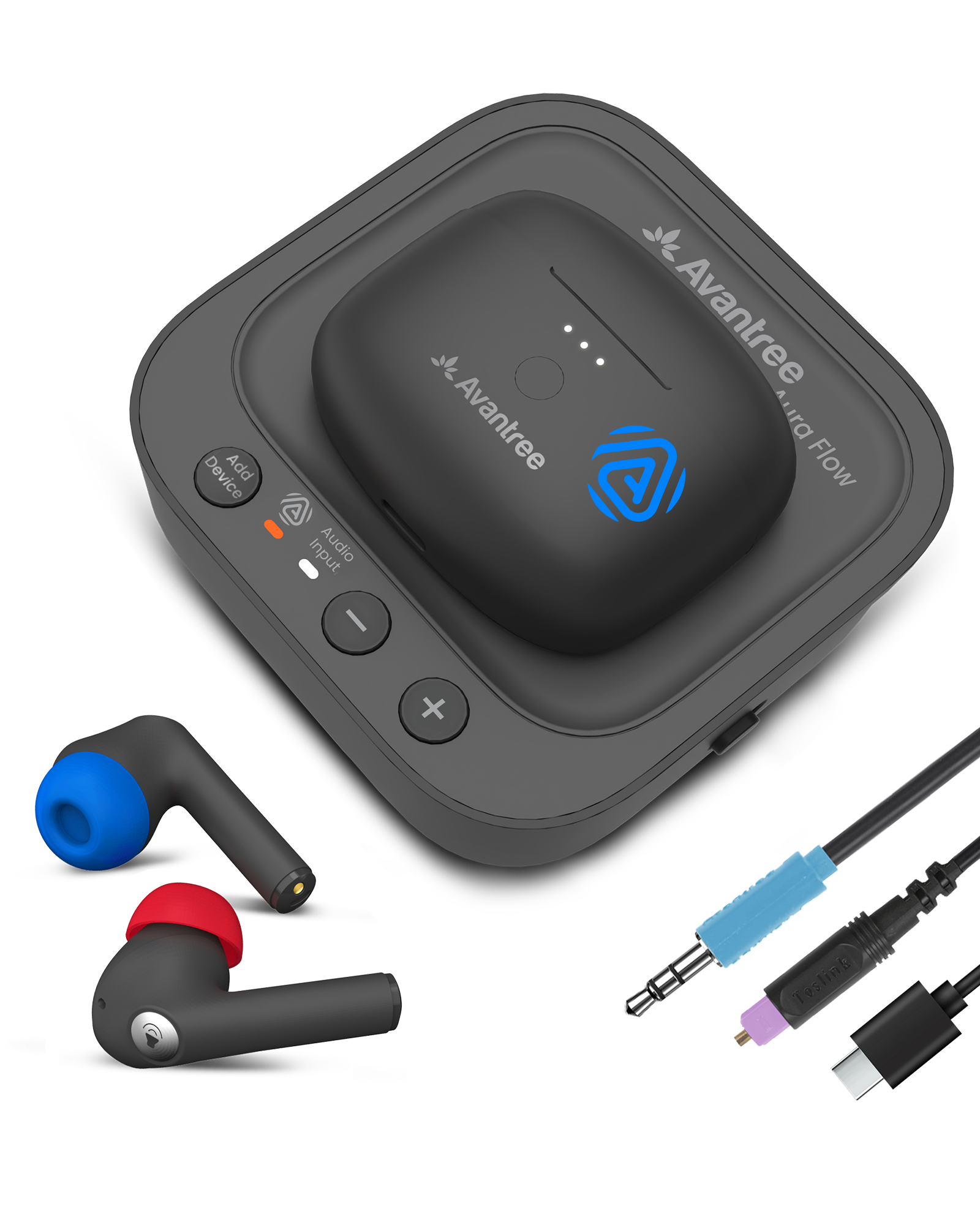 Aura Focus Auracast TV Earbuds with Dual-Mode and 2-in-1 Charging Dock. Expandable with multiple Auracast devices, and automatic call switching between phone and TV audio.