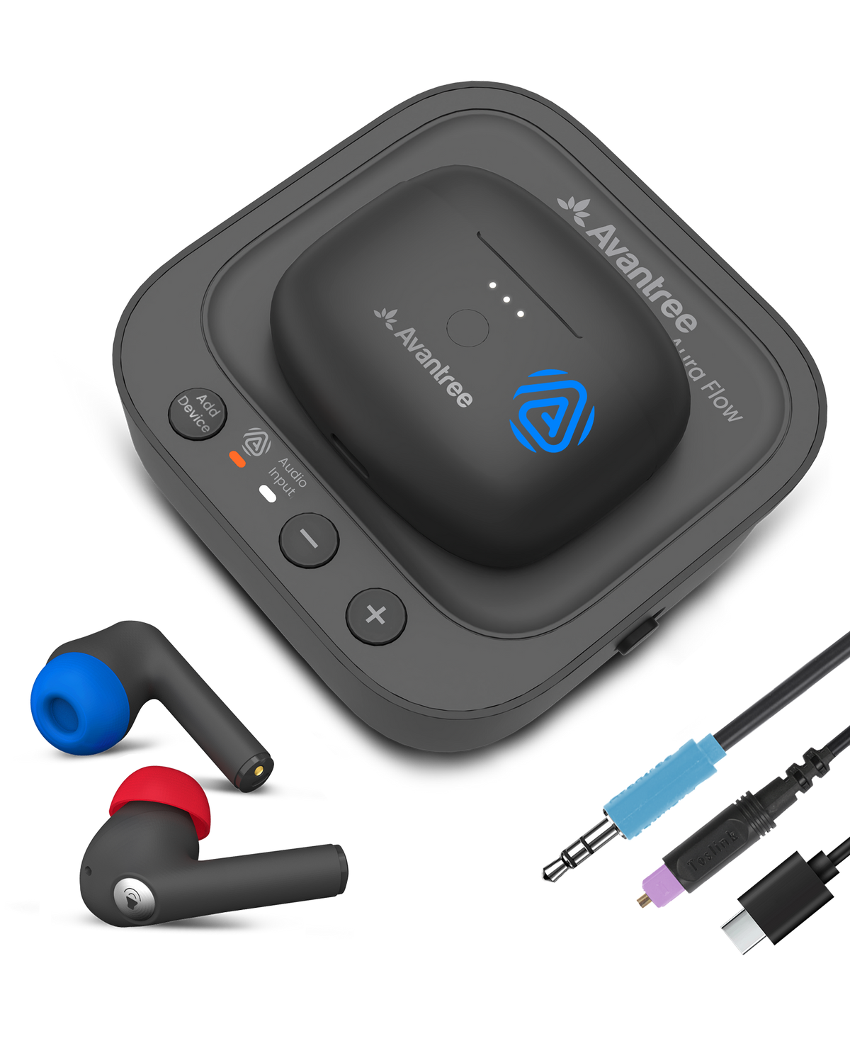 Aura Focus Auracast TV Earbuds with Dual-Mode and 2-in-1 Charging Dock. Expandable with multiple Auracast devices, and automatic call switching between phone and TV audio.
