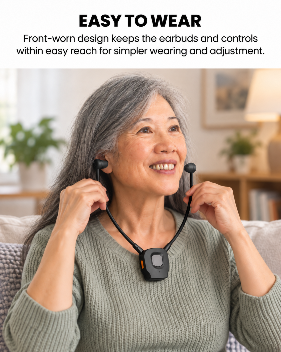 Front-worn AuraBand design keeps the earbuds and controls within easy reach.