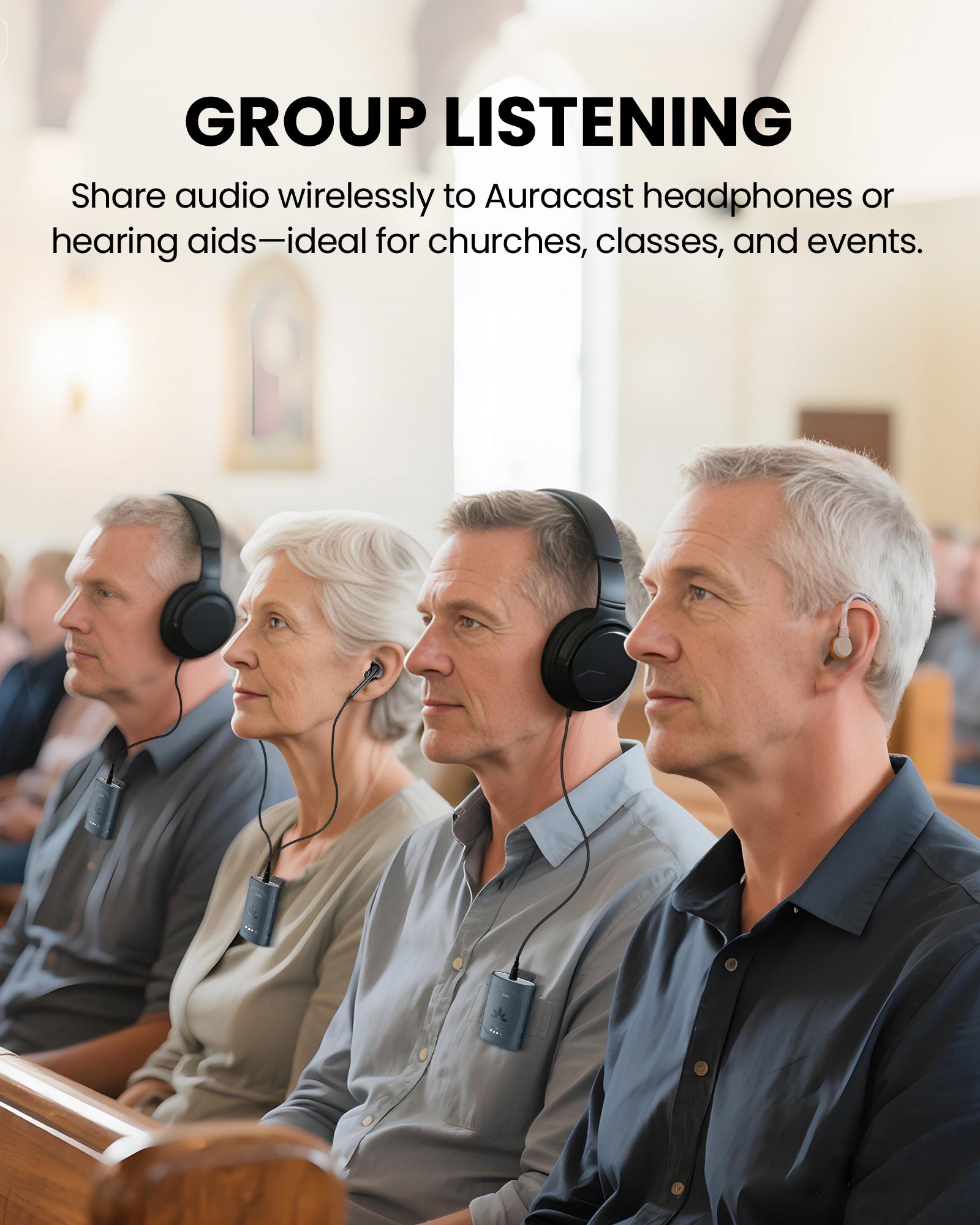 AuraPlex MX Auracast Assistive Listening System with Charging Dock, shares audio to Auracast headphones and hearing aids in churches and public venues.