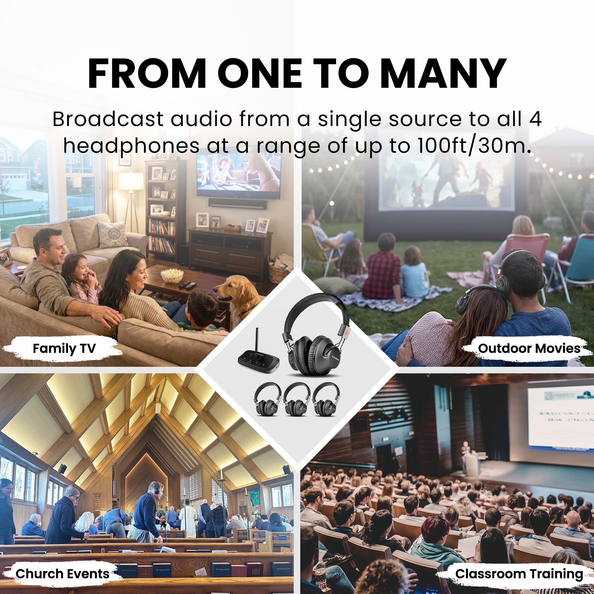 Quartet 2 Wireless Group Listening Headphones Set. Connects all headphones to one source, up to 100ft range. For home, classrooms, churches, outdoor and events.