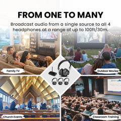 Quartet 2 Wireless Group Listening Headphones Set. Connects all headphones to one source, up to 100ft range. For home, classrooms, churches, outdoor and events.
