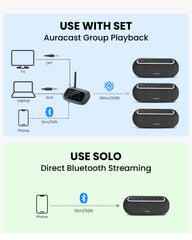 Harmony A2 Auracast Multi-Room Speaker System, 100m Auracast transmitter-to-speaker range and 15m Bluetooth phone-to-transmitter range.