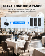 Harmony A1 Multi-Room LE Audio Auracast Speaker System for Home & Events offers up to 100m/328ft range via Auracast.
