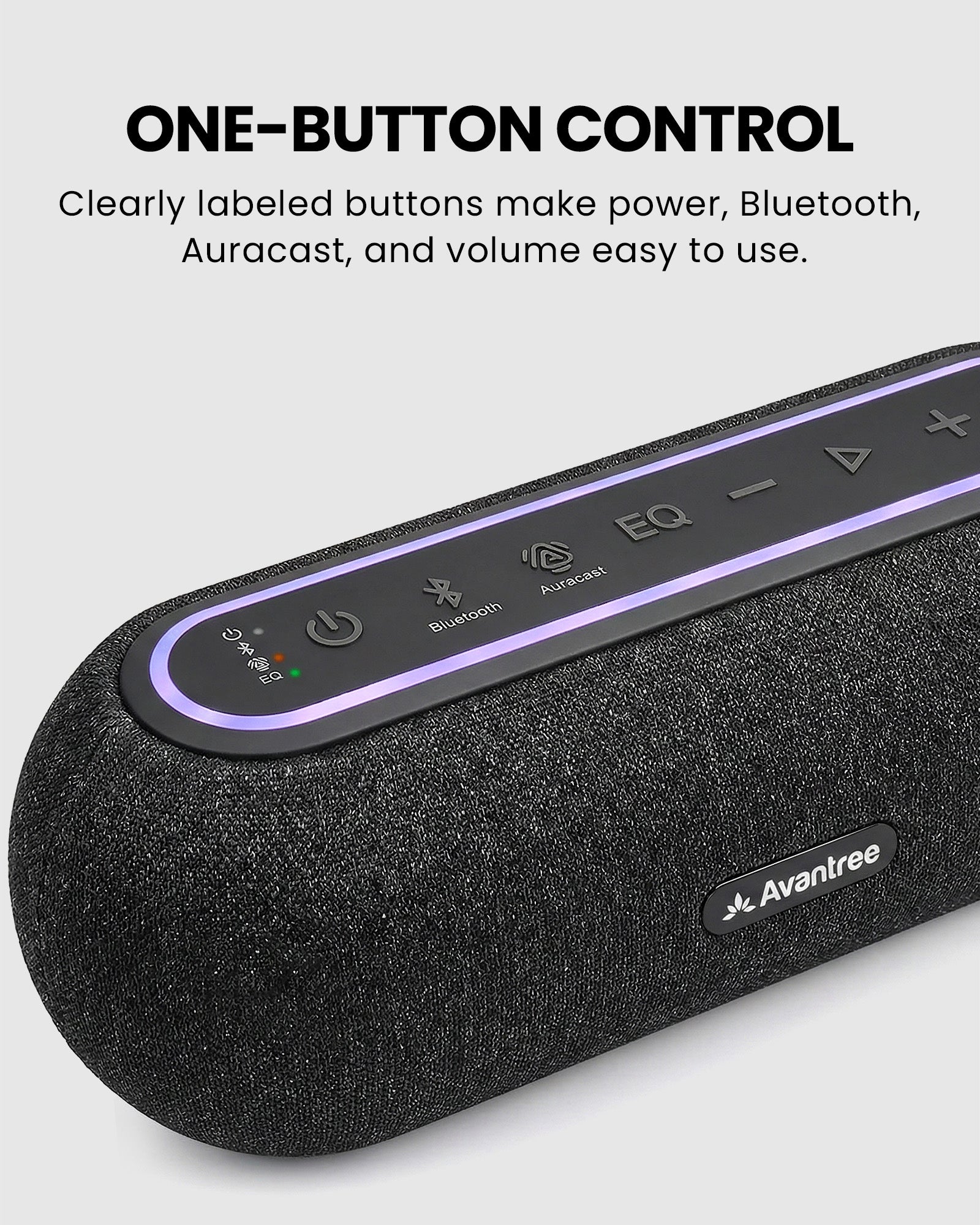Harmony A2 Auracast Multi-Room Venue Speaker System with Enhanced Sound with clearly buttons for Bluetooth and Auracast switching, and easy volume control.
