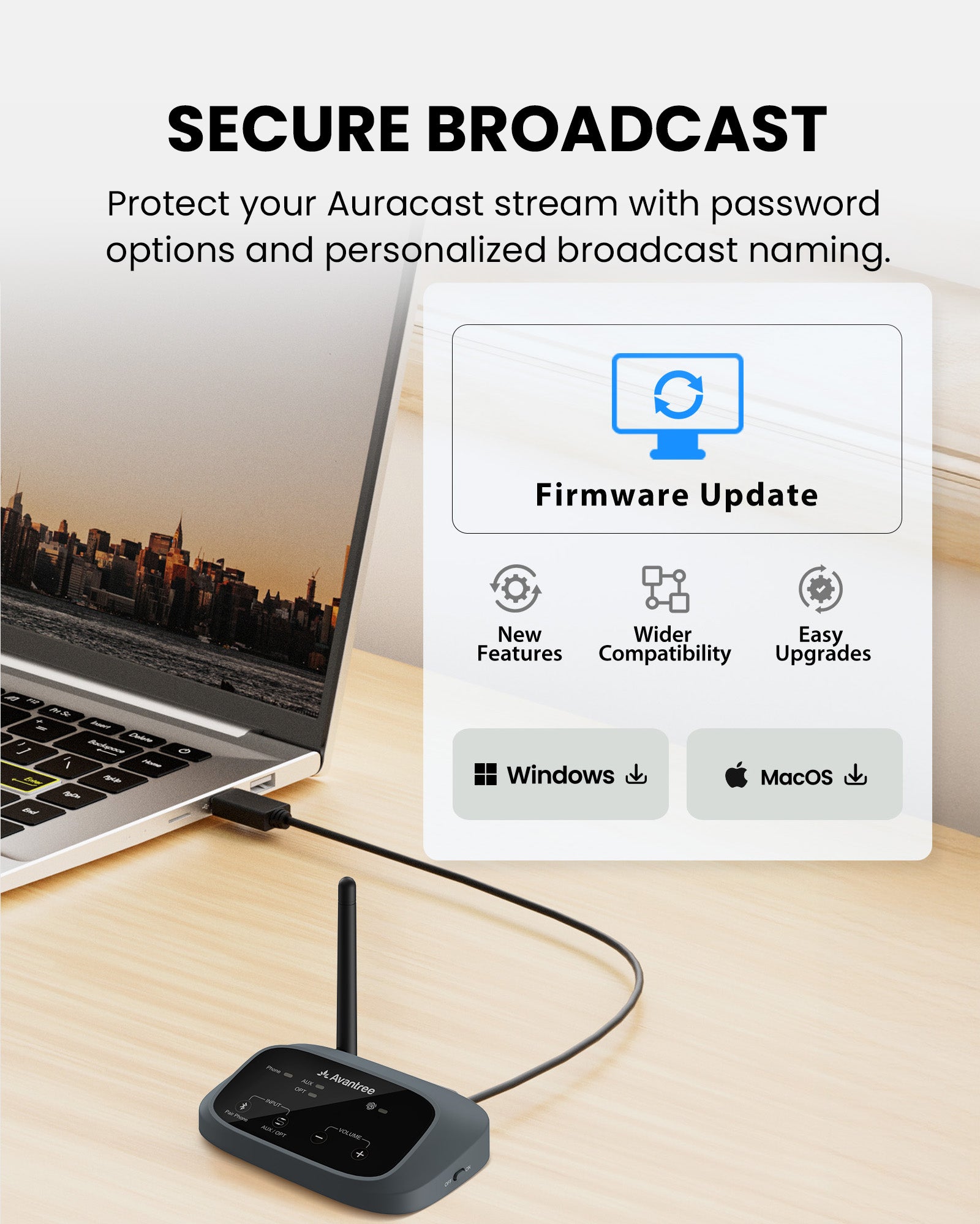 Harmony A3 Auracast Audio Transmitter & Speaker Receiver Kit with secure broadcast, and personalized broadcast naming