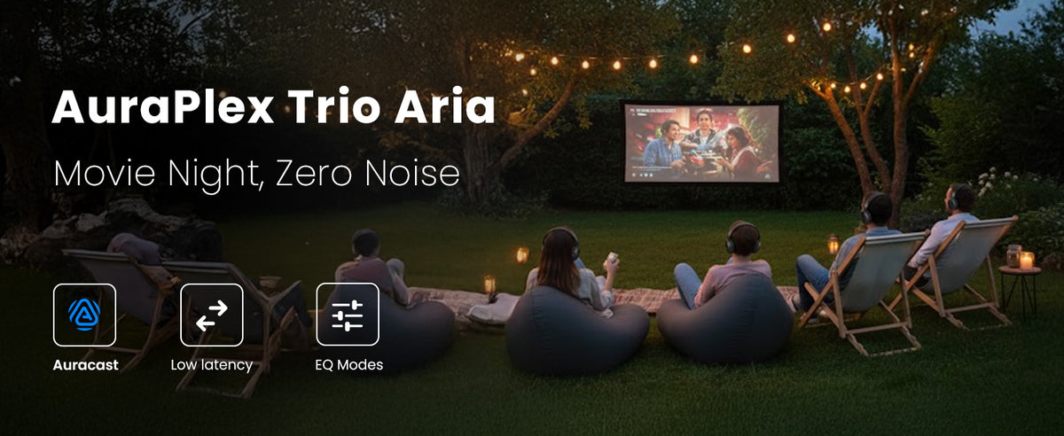 AuraPlex Trio Aria Wireless Auracast TV System, movie night, low latency and EQ modes for personalized listening.