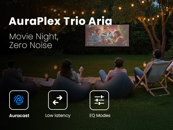 AuraPlex Trio Aria Wireless Auracast TV System, movie night, low latency and EQ modes for personalized listening.