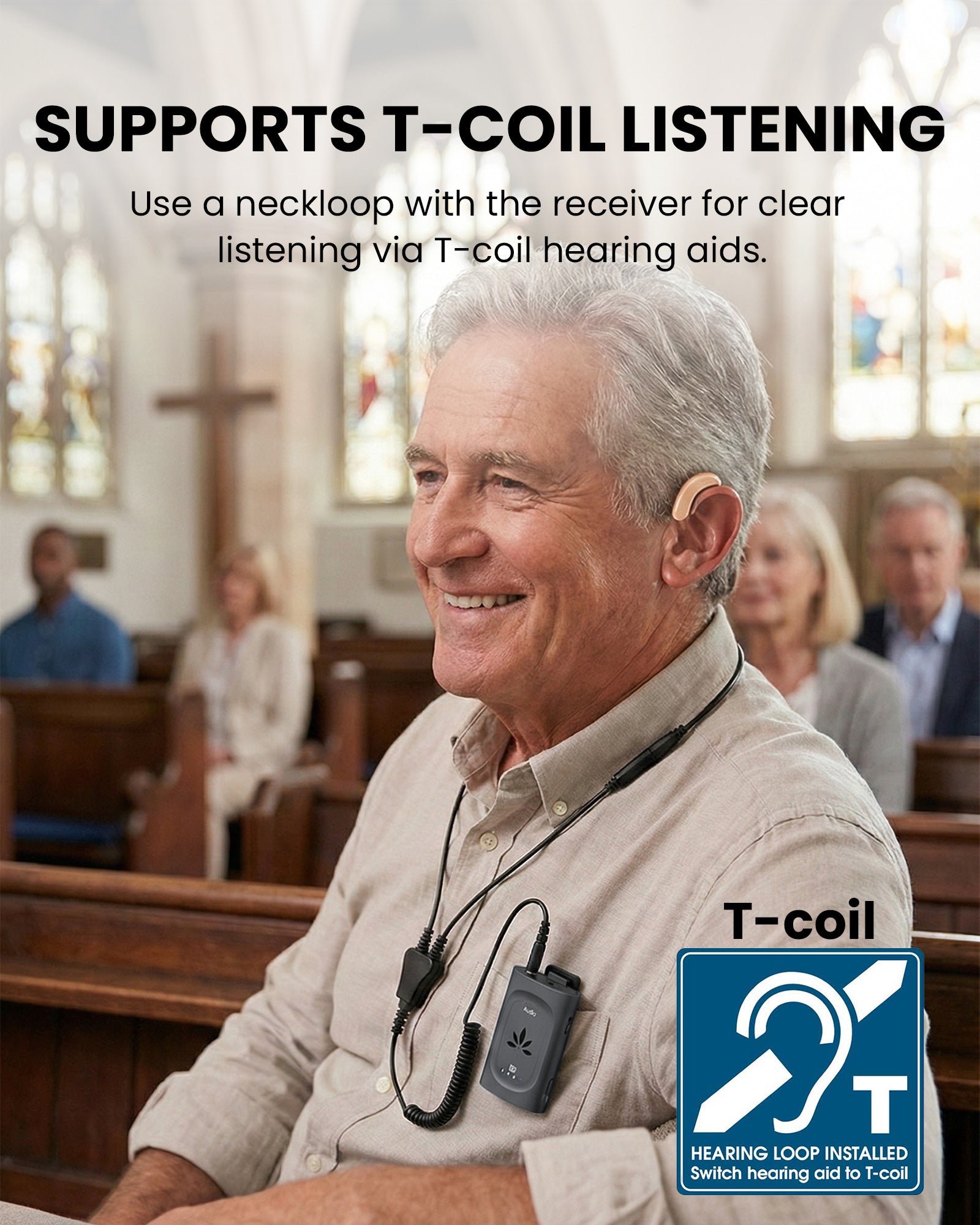 AuraPlex Auracast Venue Transmitter and Receiver for Churches and Public Spaces, supports neckloops for clear listening via T-coil hearing aids.