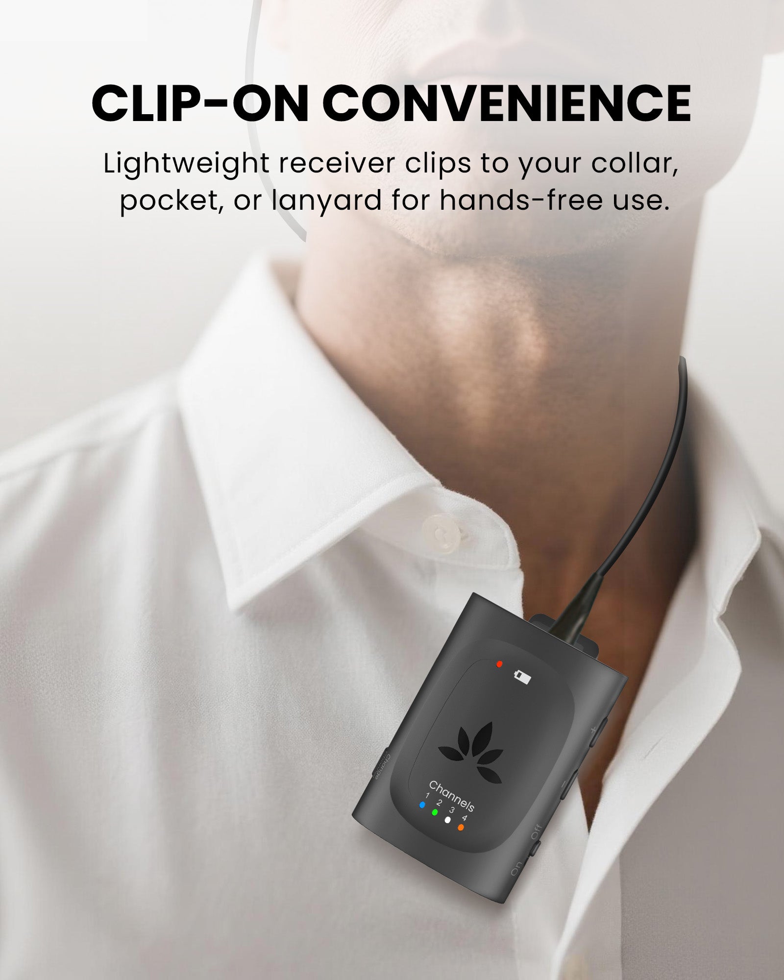 Audiplex M3 & MX Add-On Receiver multi-channel 2.4 GHz wireless audio receiver for churches and classroom. Lightweight clip-on receivers for collars, or lanyards for hands-free use. 
