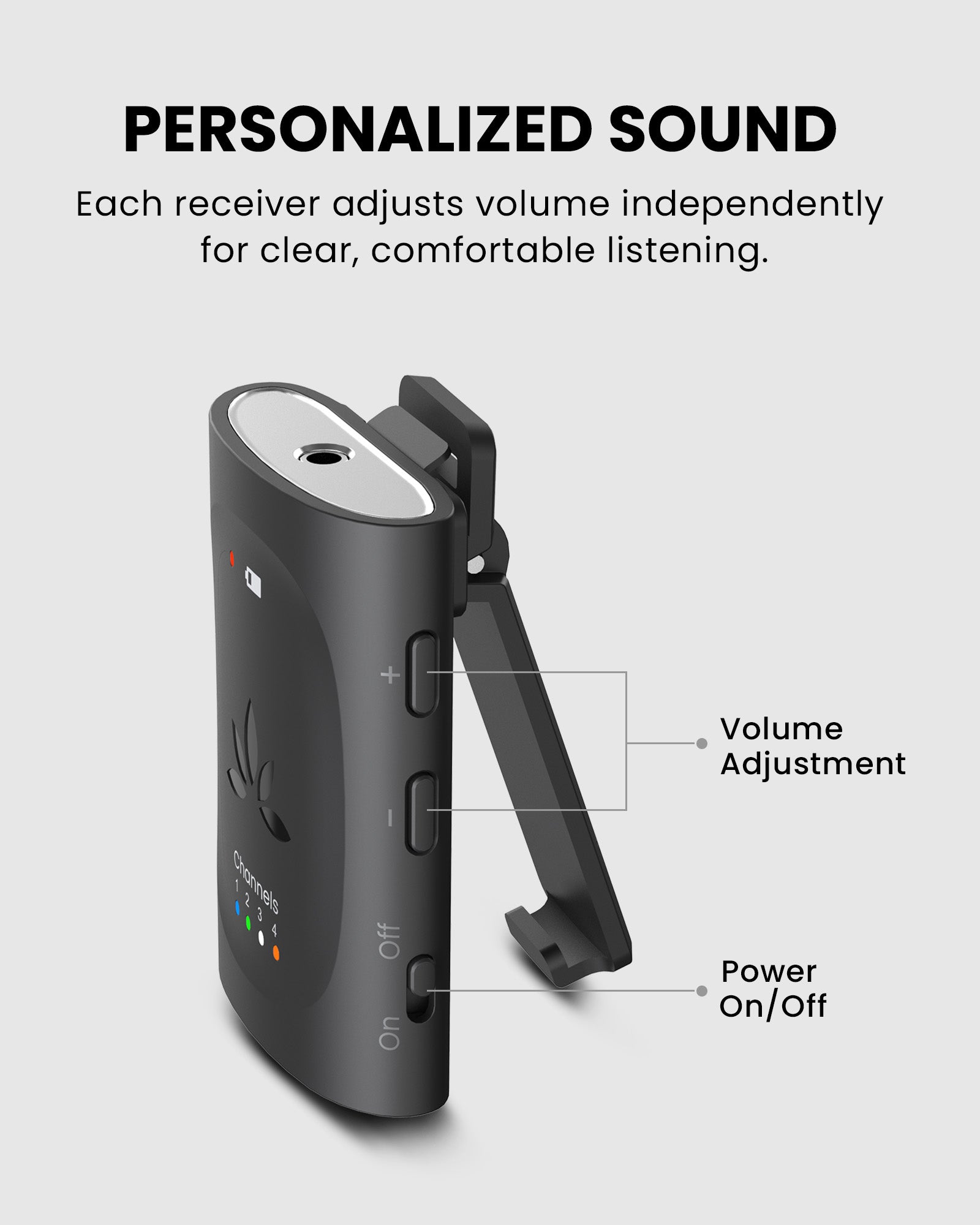 Audiplex M3 & MX Add-On Receiver with multi-channel 2.4 GHz wireless audio receiver for churches and classrooms with individual volume control for personalized sound